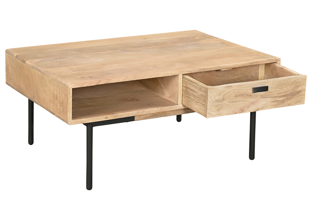 Tavolino da salotto rettangolare con ripiani 2 cassetti in legno chiaro massello di mango e metallo nero L100 cm JUDE