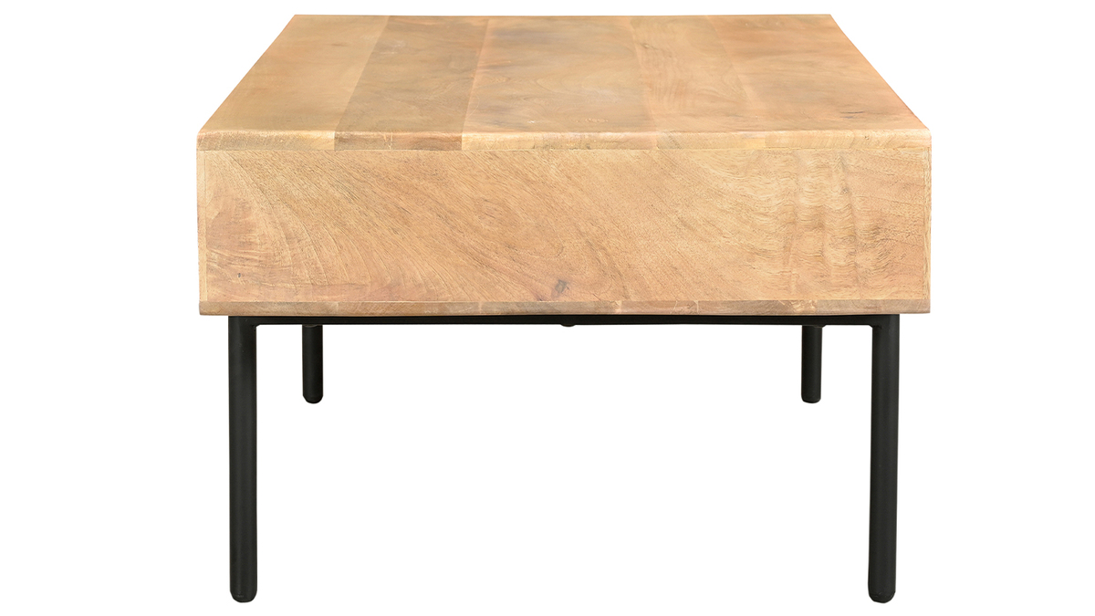 Tavolino da salotto rettangolare con ripiani 2 cassetti in legno chiaro massello di mango e metallo nero L100 cm JUDE