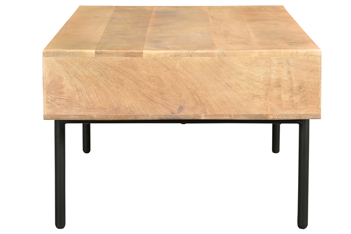Tavolino da salotto rettangolare con ripiani 2 cassetti in legno chiaro massello di mango e metallo nero L100 cm JUDE