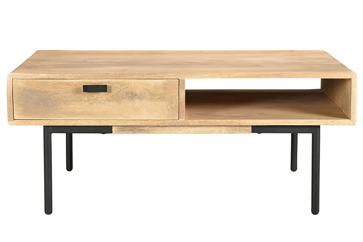 Tavolino da salotto rettangolare con ripiani 2 cassetti in legno chiaro massello di mango e metallo nero L100 cm JUDE