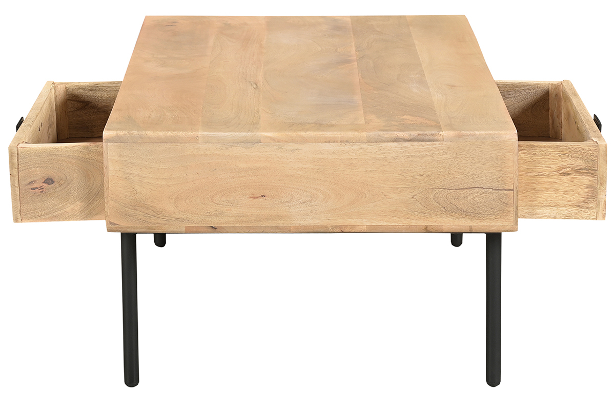 Tavolino da salotto rettangolare con ripiani 2 cassetti in legno chiaro massello di mango e metallo nero L100 cm JUDE