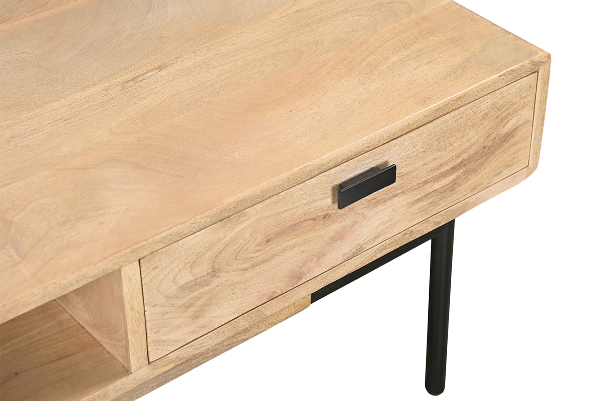 Tavolino da salotto rettangolare con ripiani 2 cassetti in legno chiaro massello di mango e metallo nero L100 cm JUDE