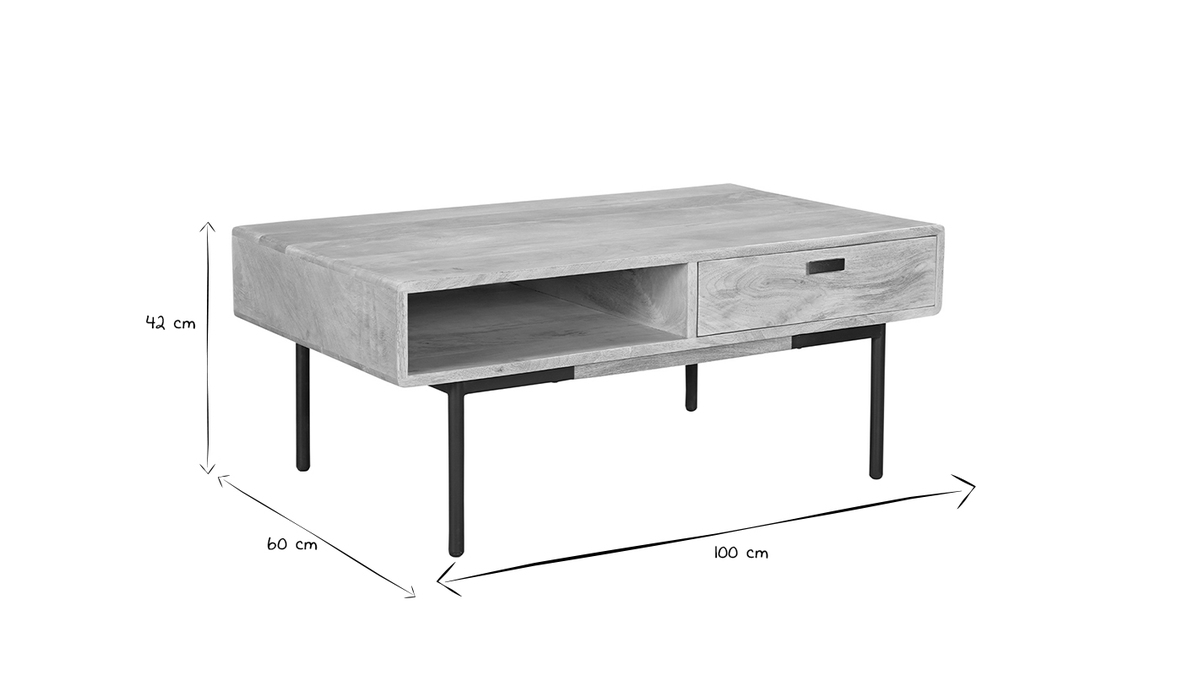 Tavolino da salotto rettangolare con ripiani 2 cassetti in legno chiaro massello di mango e metallo nero L100 cm JUDE