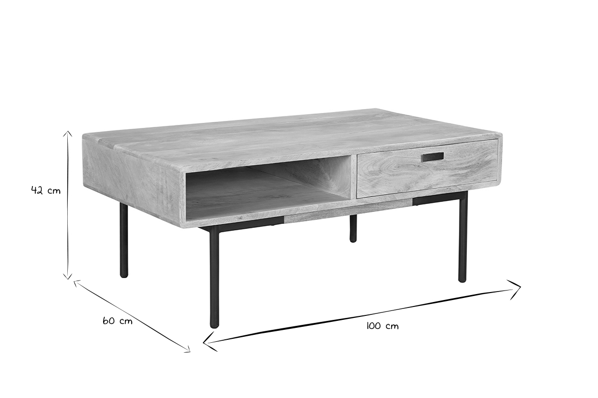 Tavolino da salotto rettangolare con ripiani 2 cassetti in legno chiaro massello di mango e metallo nero L100 cm JUDE