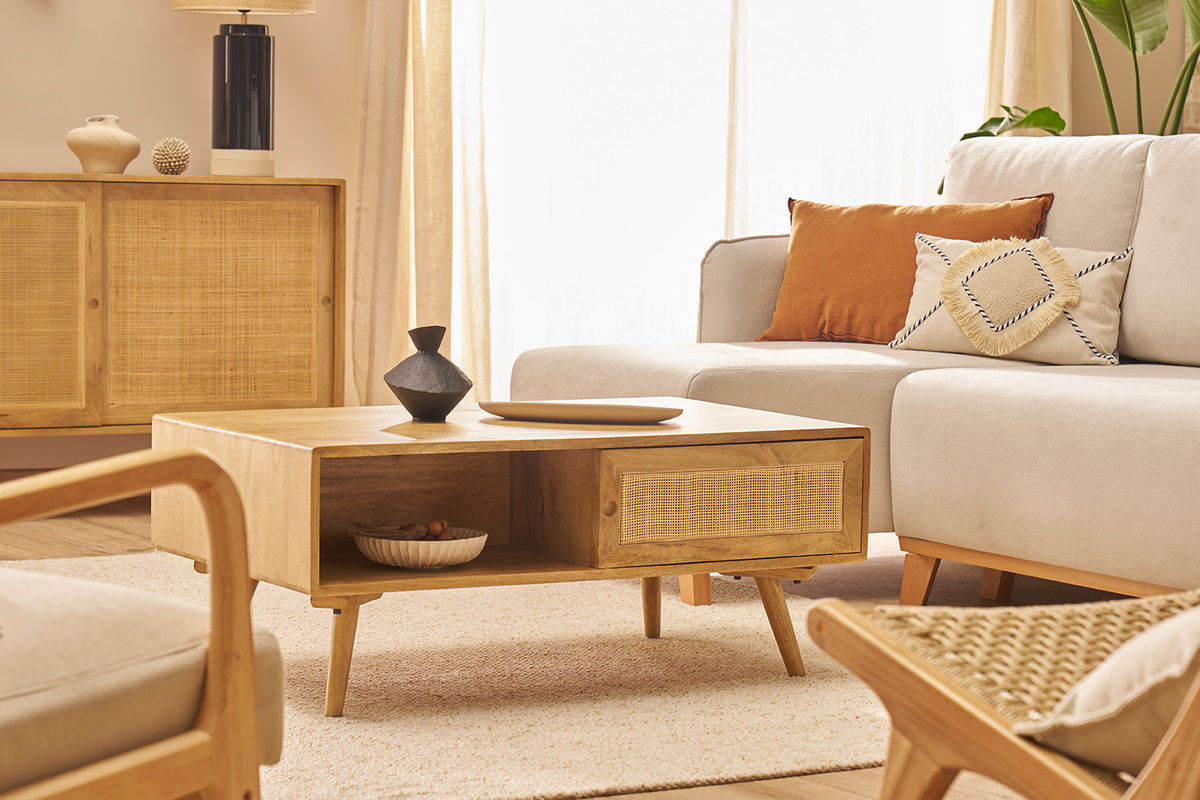 Tavolino da salotto rettangolare con ripiani in legno massello di mango e motivo a intreccio in rattan L100 cm ACANGE