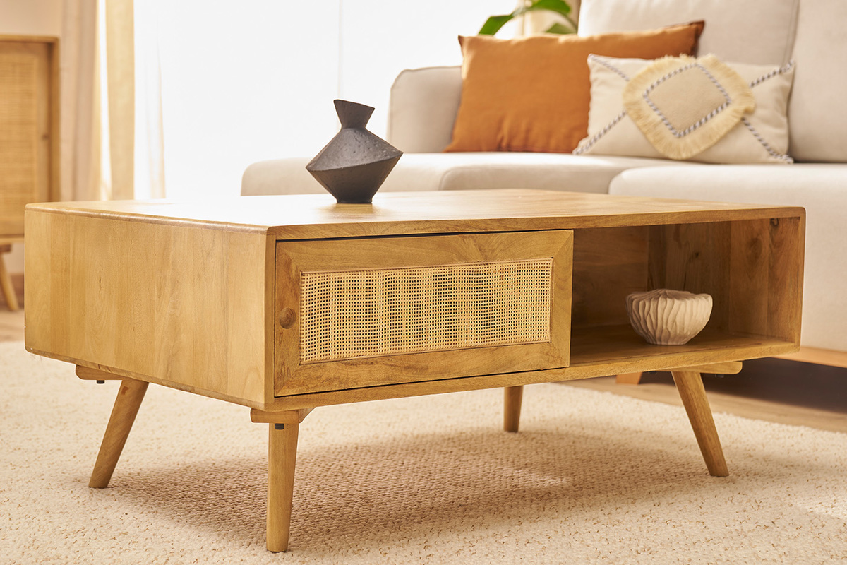 Tavolino da salotto rettangolare con ripiani in legno massello di mango e motivo a intreccio in rattan L100 cm ACANGE