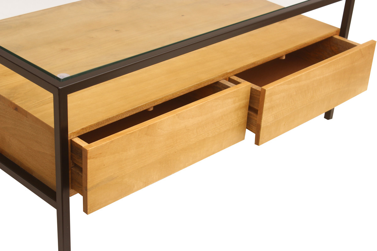 Tavolino da salotto rettangolare con ripiani in legno massello di mango, vetro e metallo nero L100 cm SITA