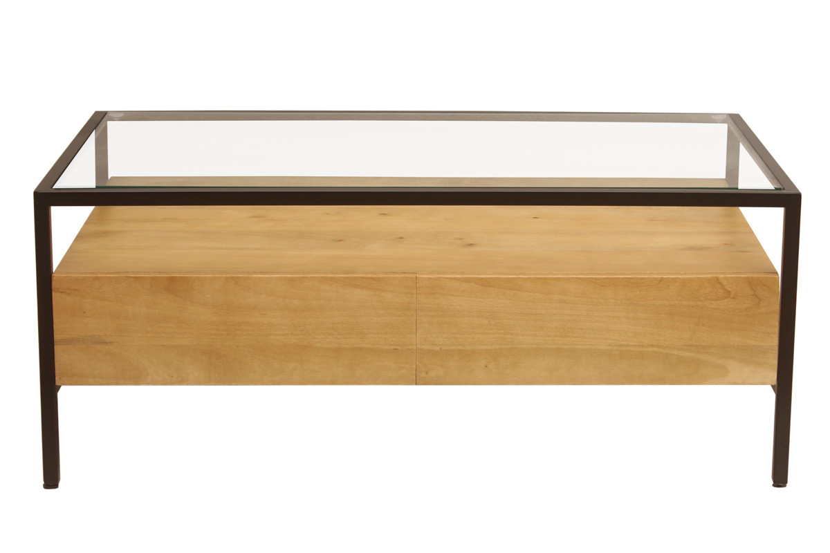 Tavolino da salotto rettangolare con ripiani in legno massello di mango, vetro e metallo nero L100 cm SITA
