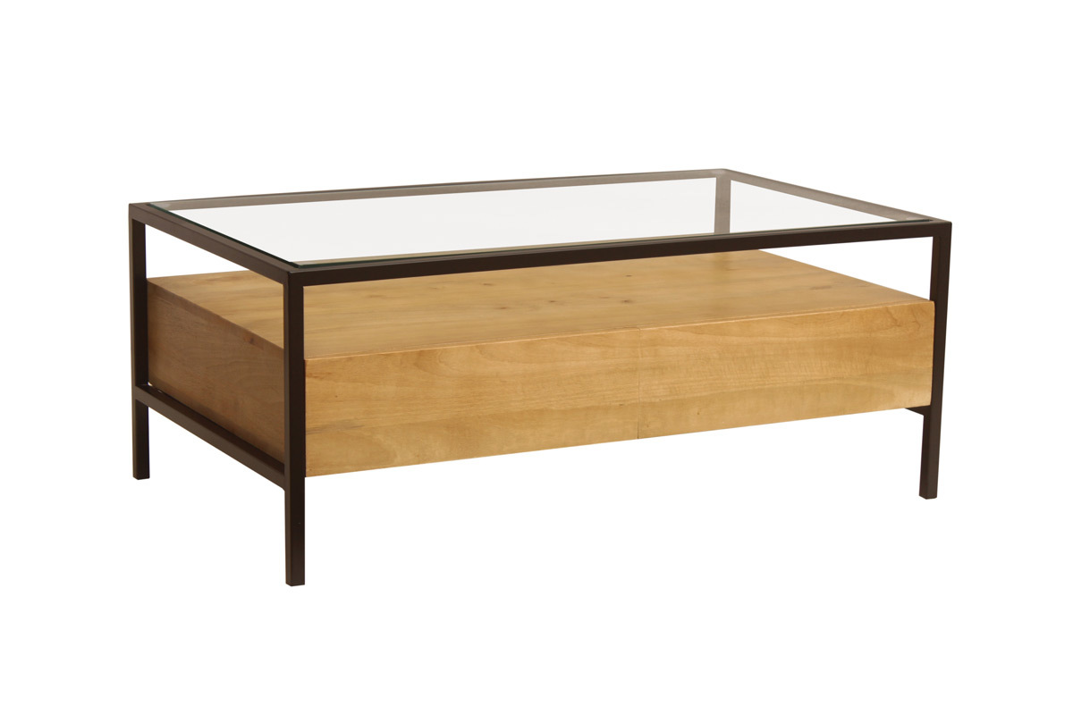 Tavolino da salotto rettangolare con ripiani in legno massello di mango, vetro e metallo nero L100 cm SITA