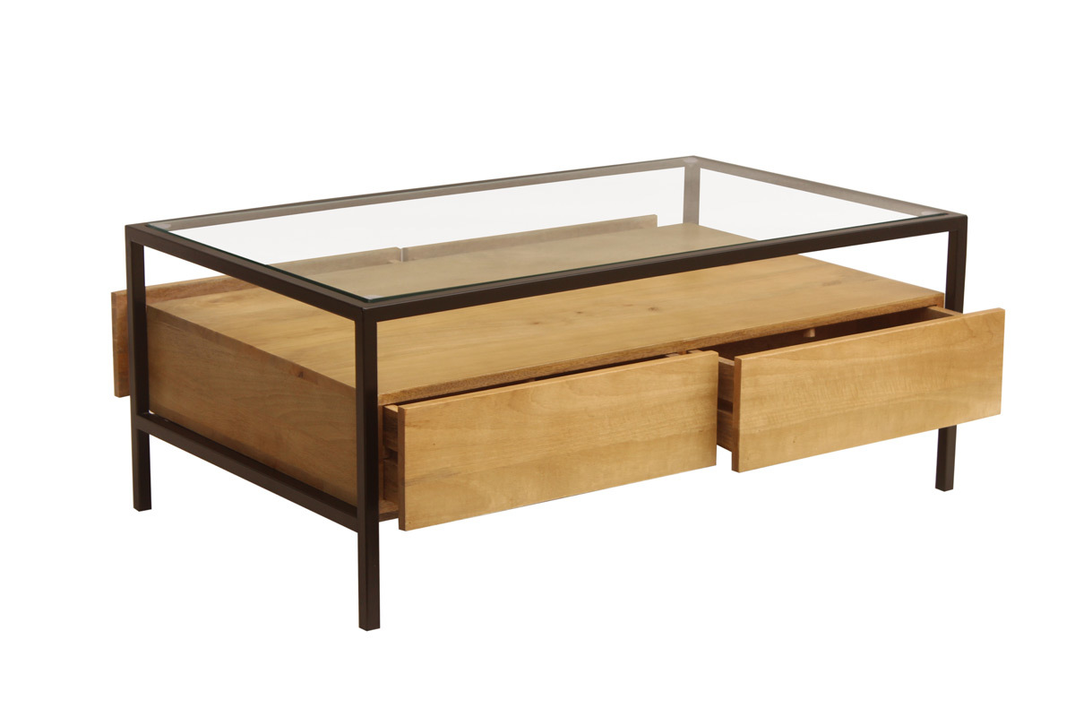Tavolino da salotto rettangolare con ripiani in legno massello di mango, vetro e metallo nero L100 cm SITA