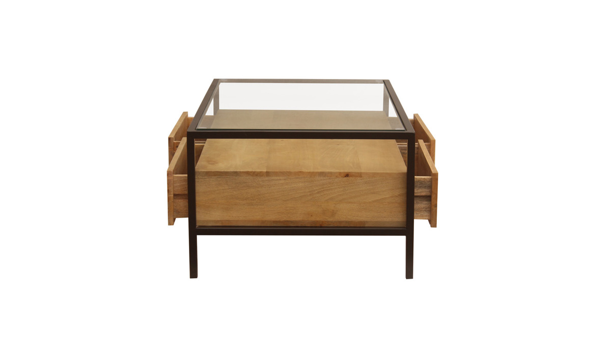 Tavolino da salotto rettangolare con ripiani in legno massello di mango, vetro e metallo nero L100 cm SITA