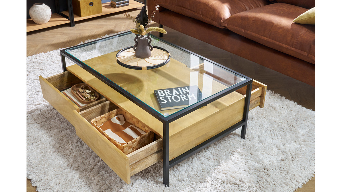 Tavolino da salotto rettangolare con ripiani in legno massello di mango, vetro e metallo nero L100 cm SITA