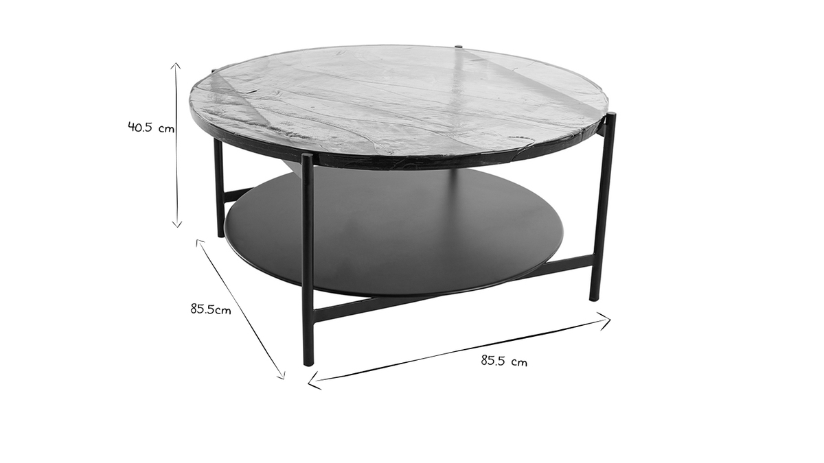 Tavolino da salotto rotondo con doppio ripiano in vetro riciclato e metallo nero D85 cm WELLE