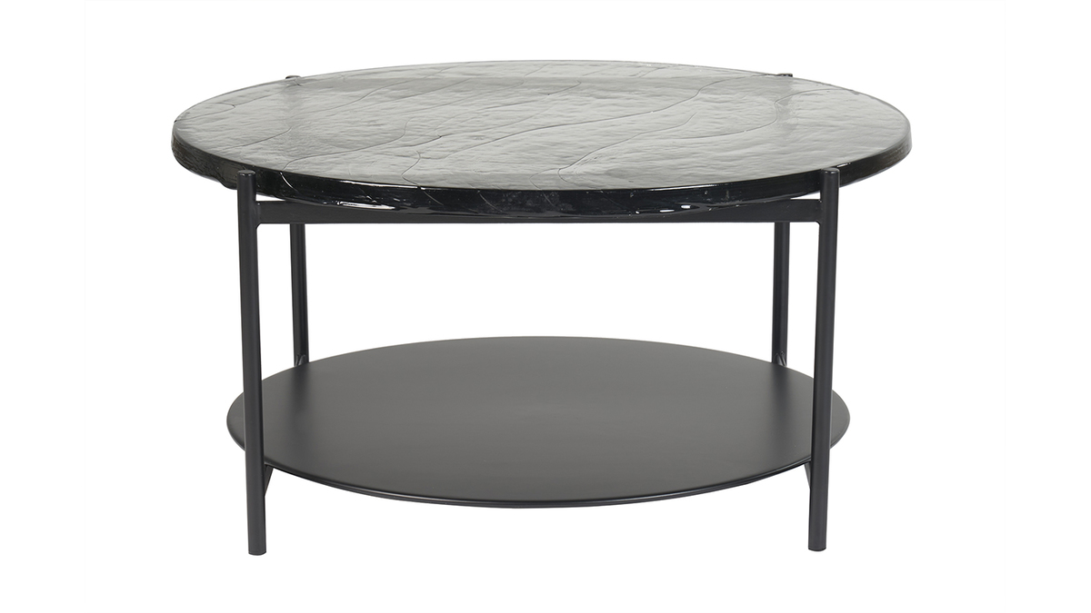 Tavolino da salotto rotondo con doppio ripiano in vetro riciclato e metallo  nero D85 cm WELLE - Miliboo