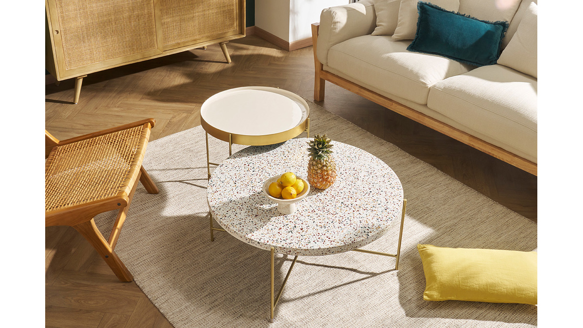 Tavolino da salotto rotondo design in terrazzo e metallo dorato D81 cm MEZZO