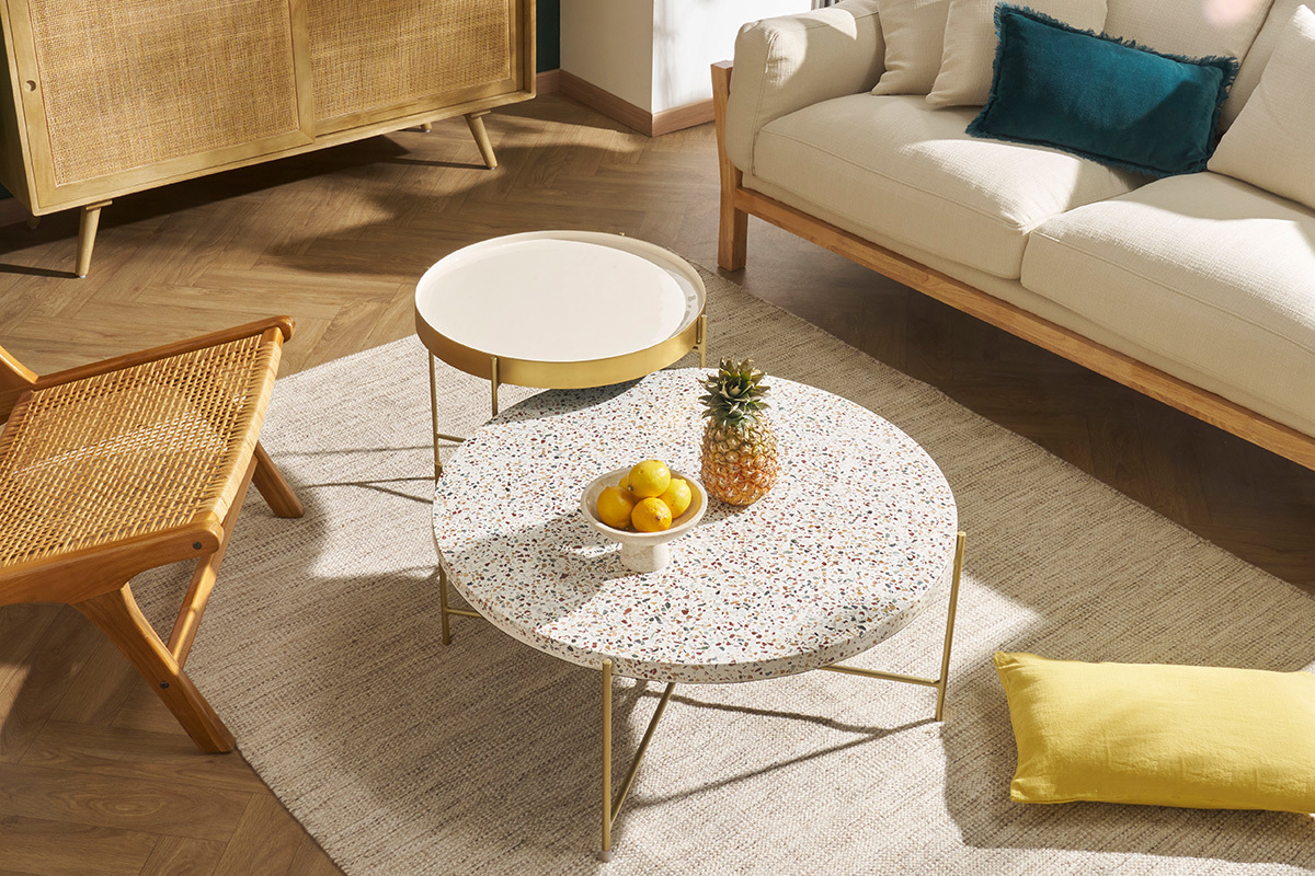 Tavolino da salotto rotondo design in terrazzo e metallo dorato D81 cm MEZZO