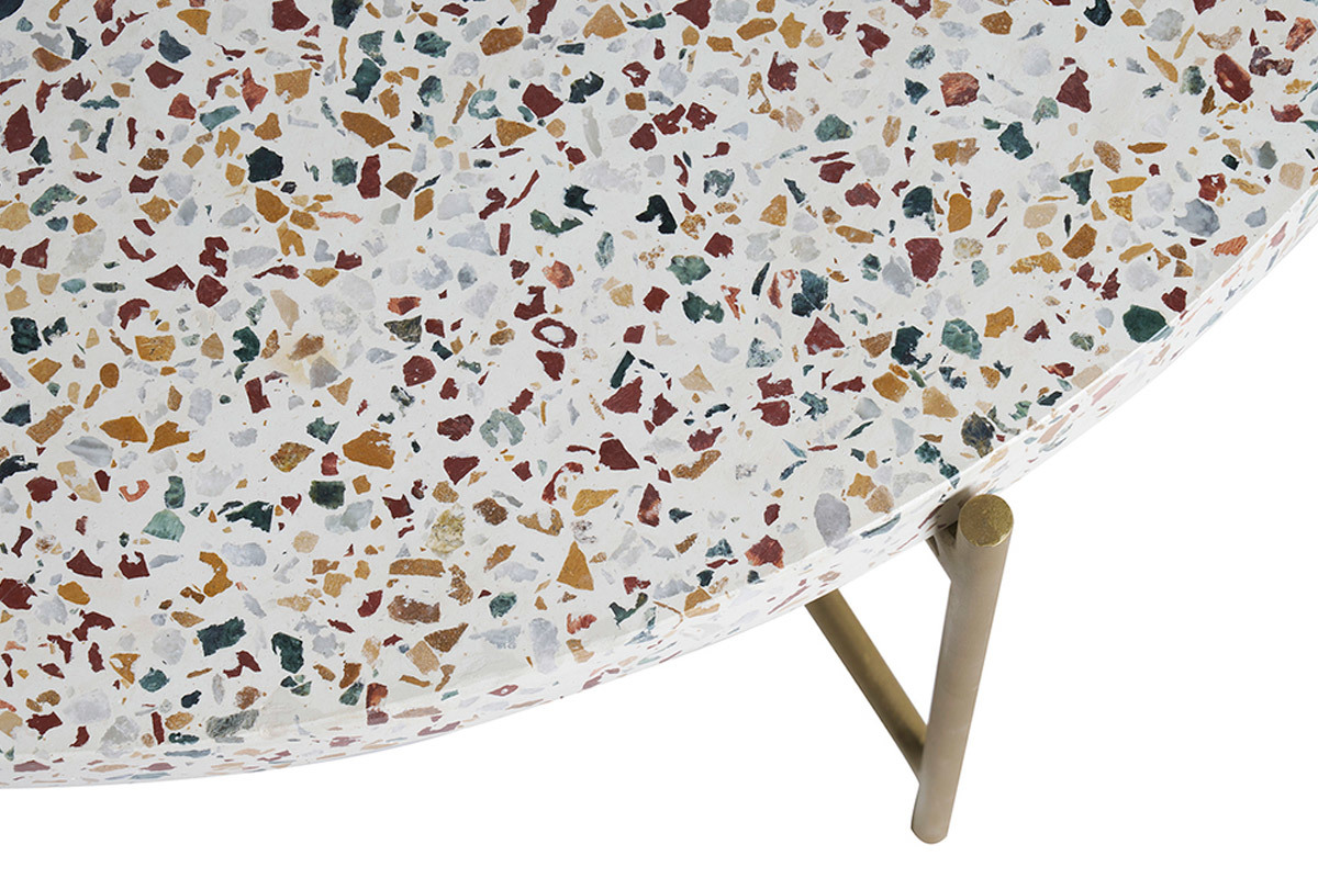 Tavolino da salotto rotondo design in terrazzo e metallo dorato D81 cm MEZZO