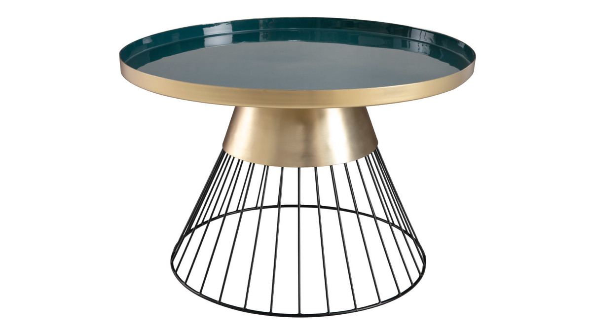 Tavolino da salotto rotondo in acciaio laccato blu petrolio e oro D55 cm SPLEEN - Miliboo e