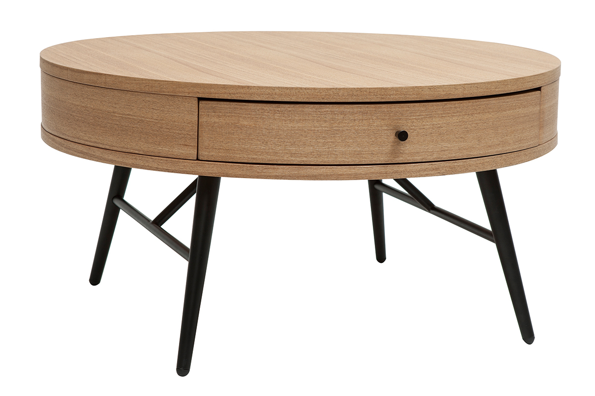 Tavolino da salotto rotondo in legno chiaro e metallo nero cassetto L81,5 cm KORAL