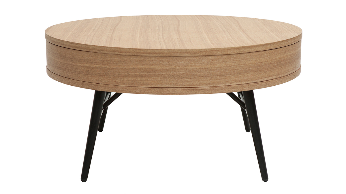 Tavolino da salotto rotondo in legno chiaro e metallo nero cassetto L81,5  cm KORAL - Miliboo