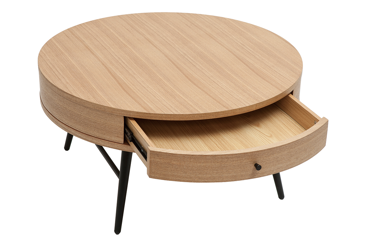 Tavolino da salotto rotondo in legno chiaro e metallo nero cassetto L81,5 cm KORAL