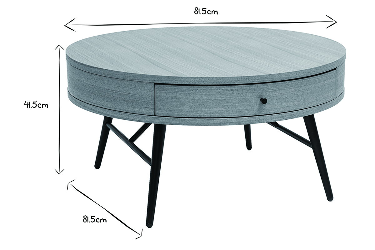 Tavolino da salotto rotondo in legno chiaro e metallo nero cassetto L81,5 cm KORAL