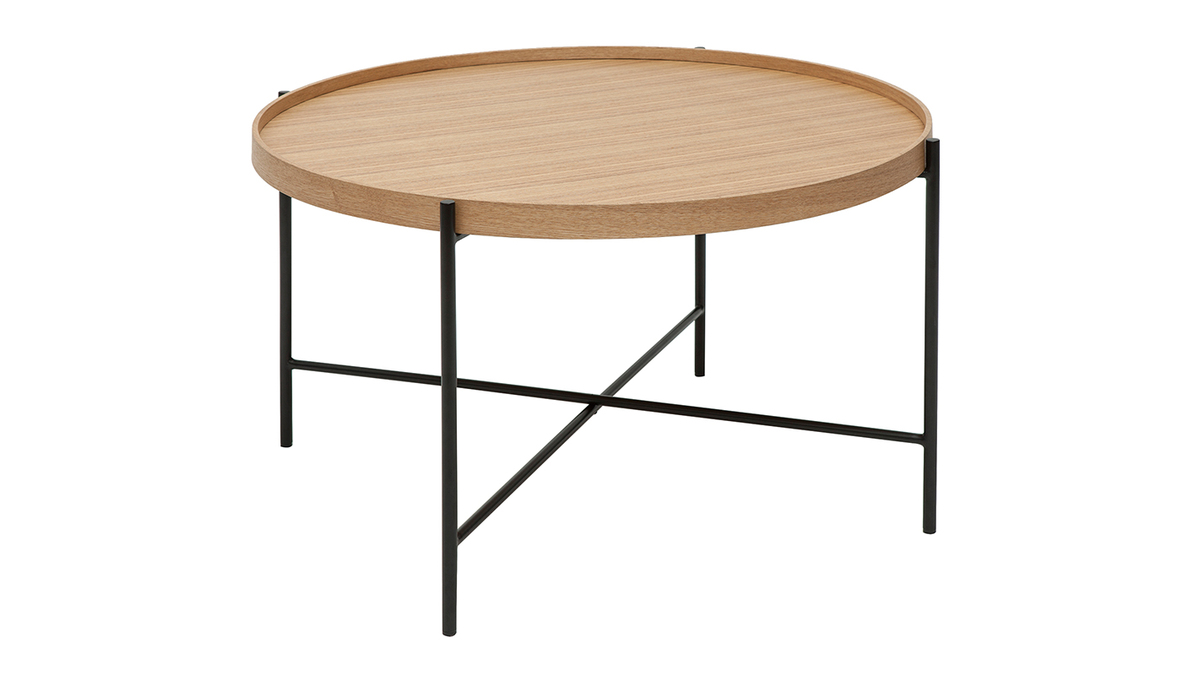 Tavolino da salotto rotondo in legno chiaro e metallo nero D75 cm BASSY