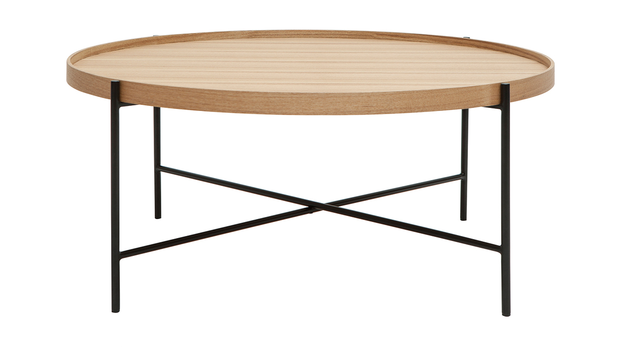 Tavolino da salotto rotondo in legno chiaro e metallo nero D90 cm BASSY -  Miliboo
