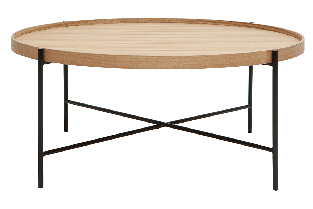 Tavolino da salotto rotondo in legno chiaro e metallo nero D90 cm BASSY