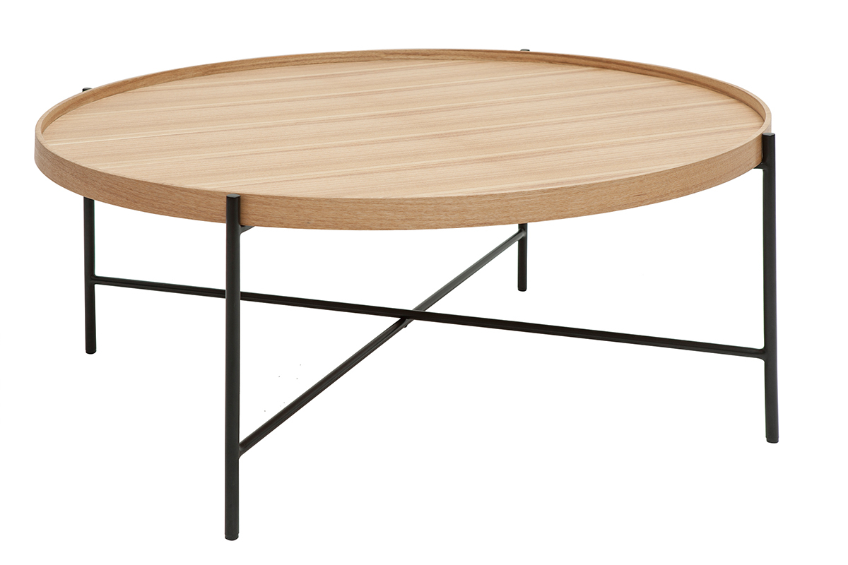 Tavolino da salotto rotondo in legno chiaro e metallo nero D90 cm BASSY