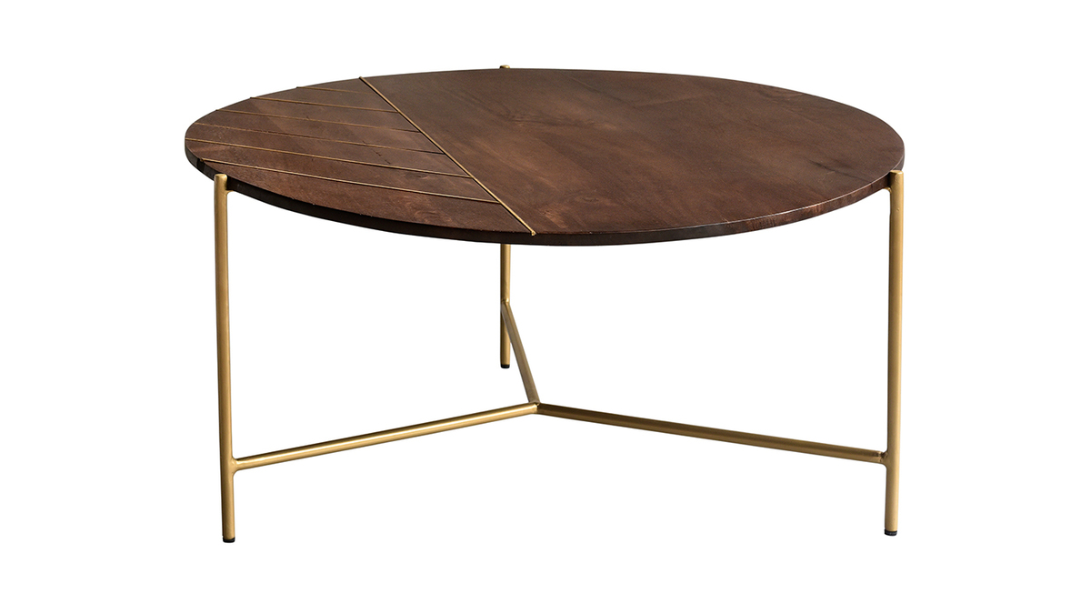 Tavolino da salotto rotondo in massello di mango e metallo dorato D90 cm SILLON