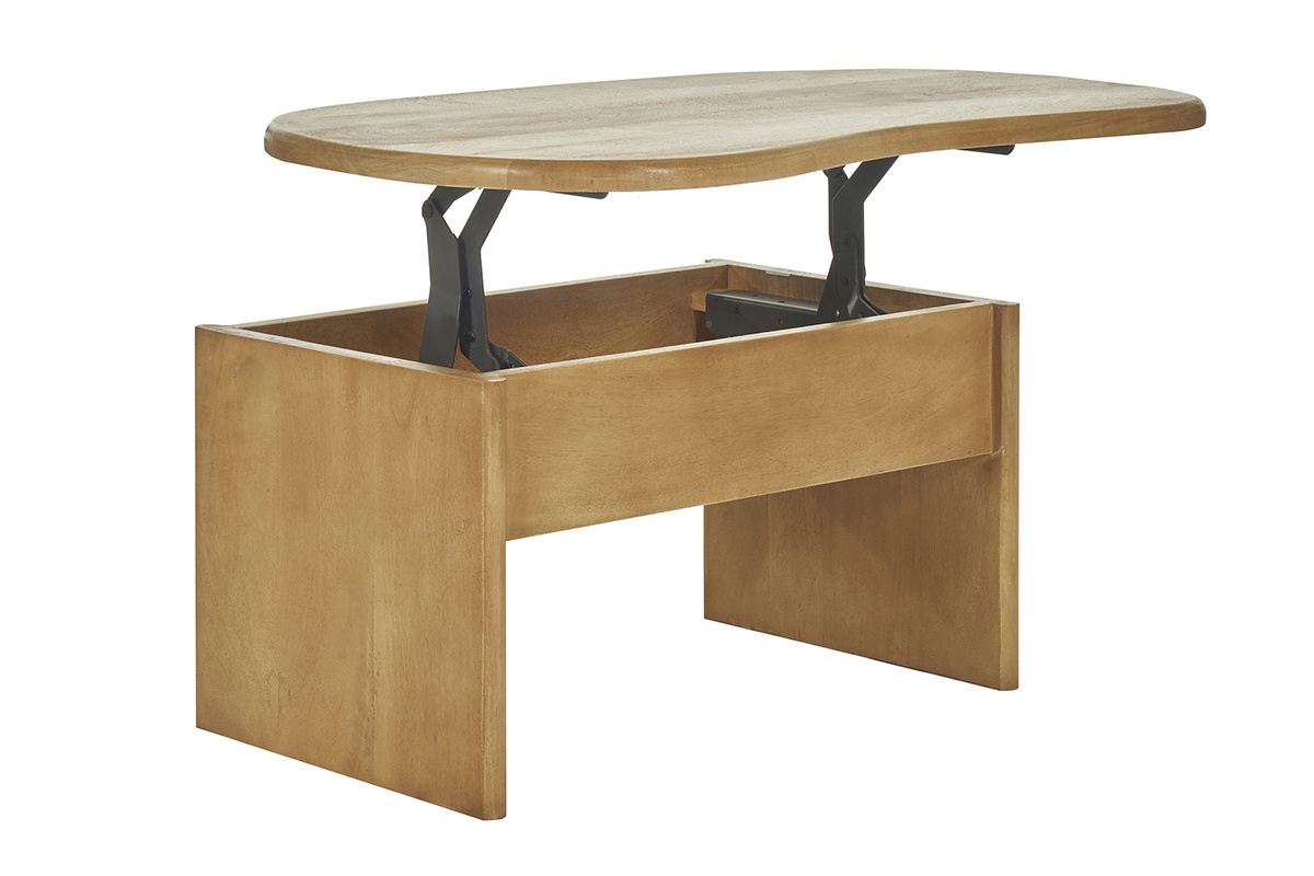Tavolino da salotto sollevabile design forma fagiolo con vano contenitore in legno massello di mango L95 cm KOKOA