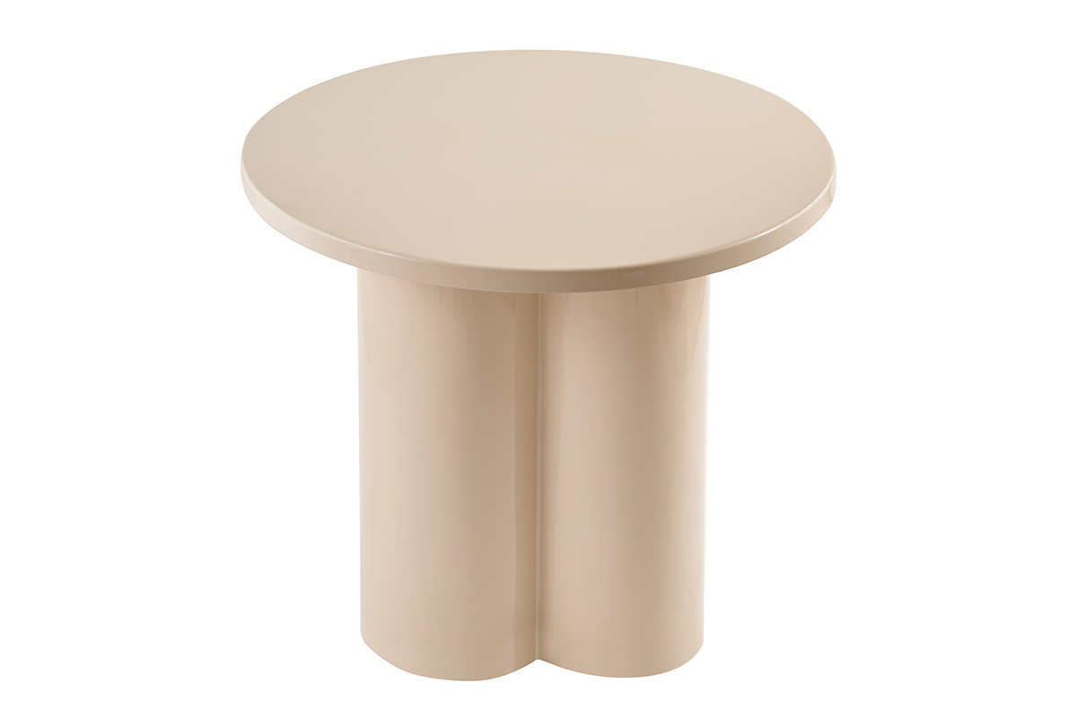 Tavolino d'appoggio di design in metallo smaltato beige, vista dall'alto, diametro 51 cm.