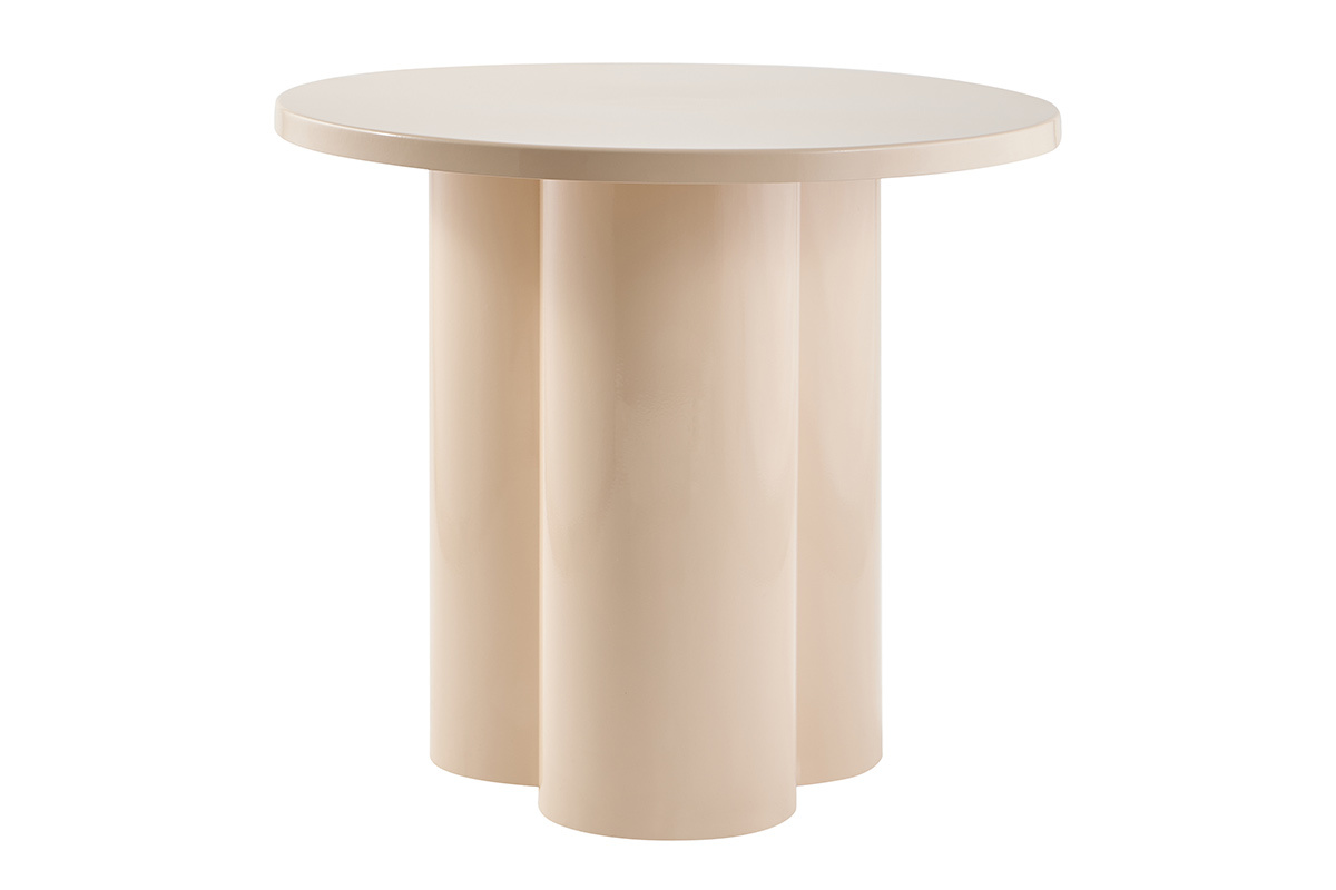 Tavolino da appoggio di design in metallo smaltato beige, vista frontale, piano rotondo, tre gambe