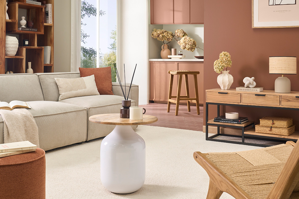 Tavolino d'ausilio rotondo design bianco e legno di mango massiccio H49 cm VERONA