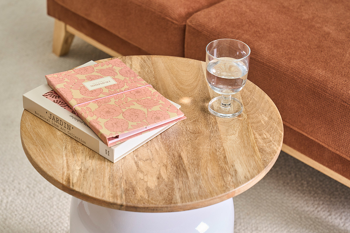 Tavolino d'ausilio rotondo design bianco e legno di mango massiccio H49 cm VERONA