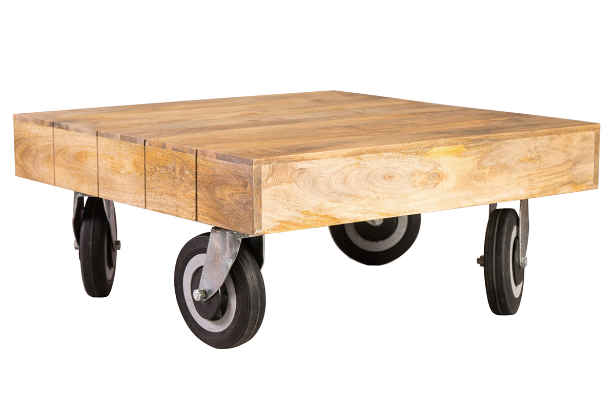 Tavolino design industriale quadrato con rotelle 80x80cm ATELIER