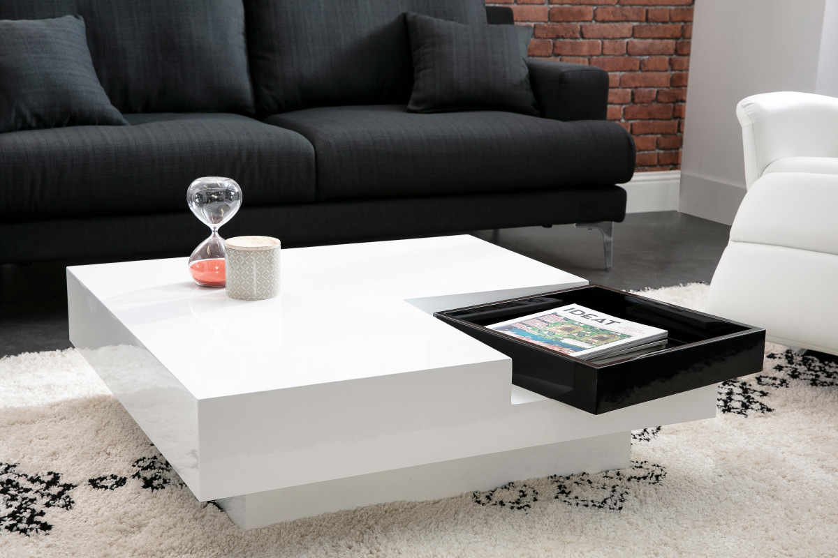 Tavolino design laccato bianco vassoio nero TEENA