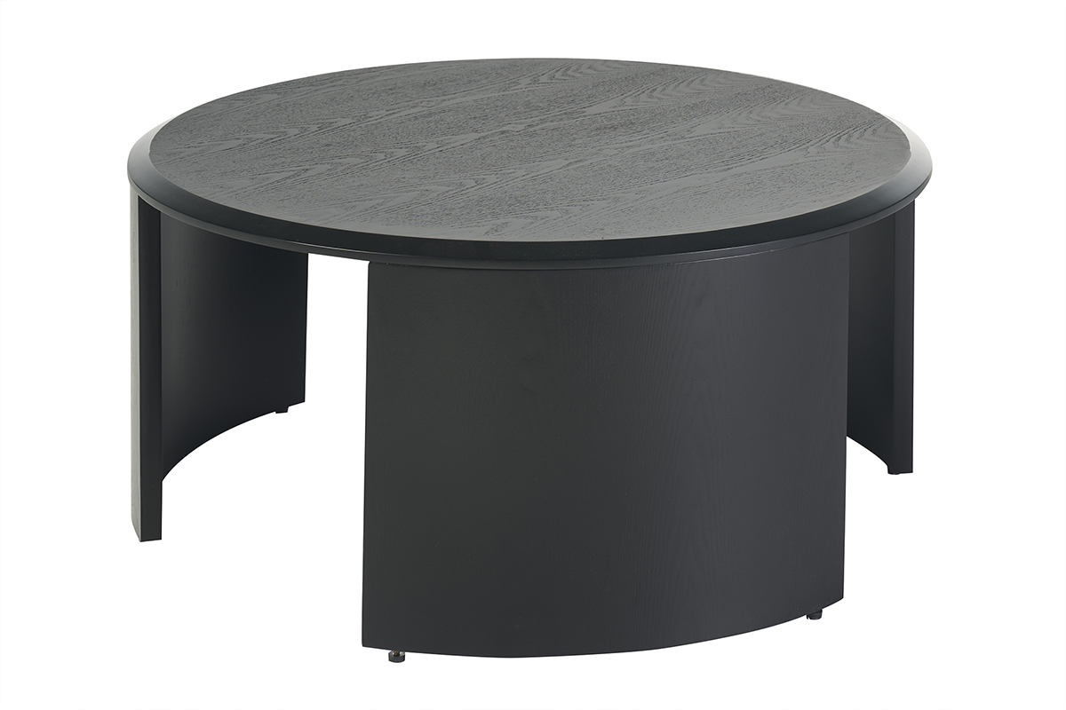Tavolino basso rotondo in legno nero, diametro 80 cm, vista a tre quarti