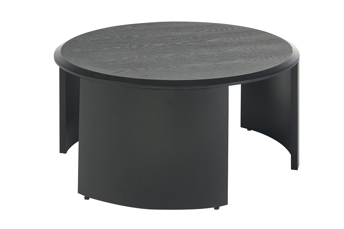 Tavolino basso rotondo in legno nero da 80 cm, design moderno con un piano arrotondato e curve scultoree.