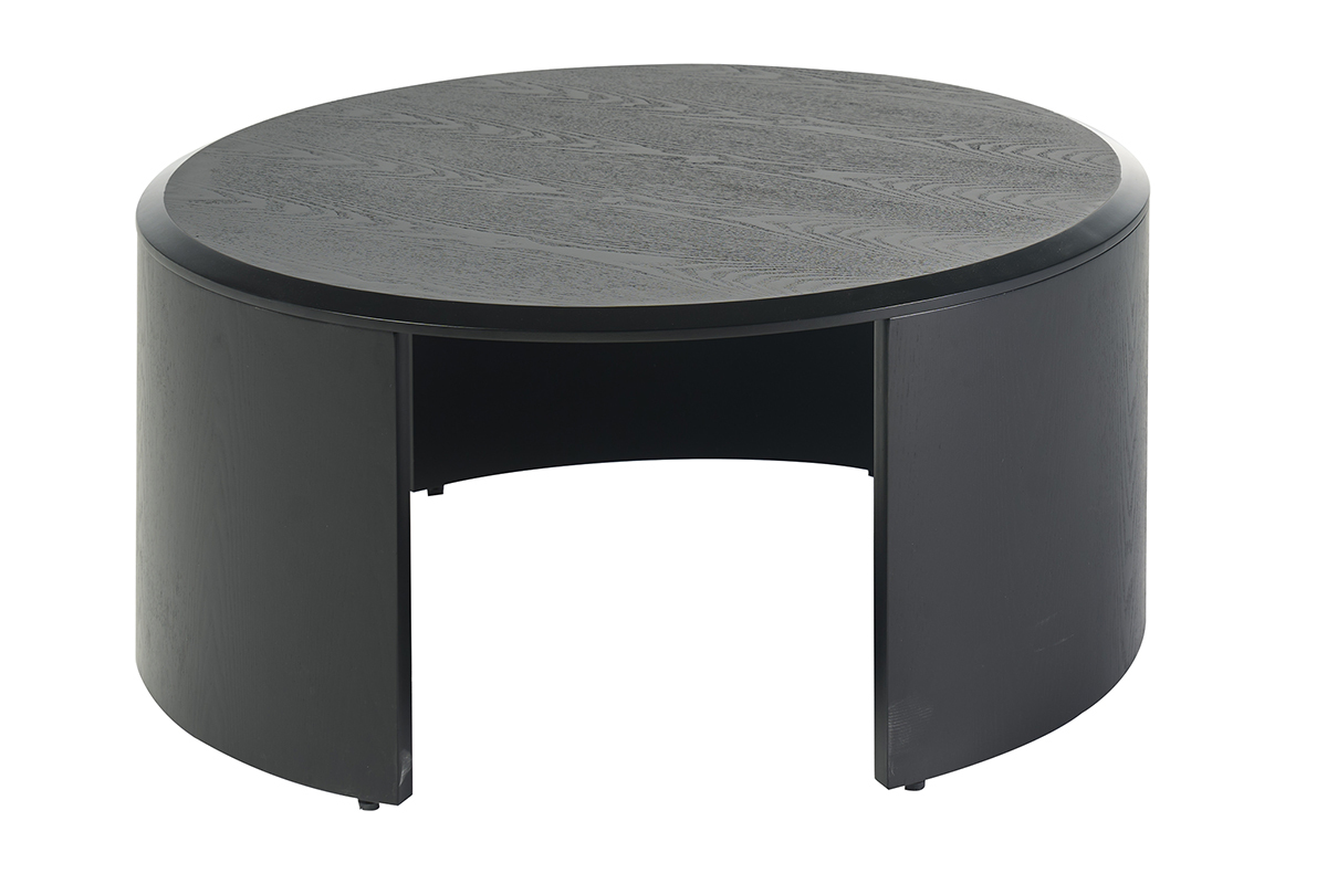 Tavolino basso rotondo dal design in legno nero, vista laterale, diametro 80 cm, altezza 35 cm.