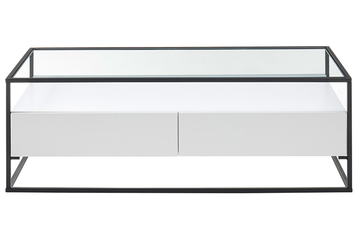 Tavolino di design con piano in vetro e cassetti bianchi - FINN