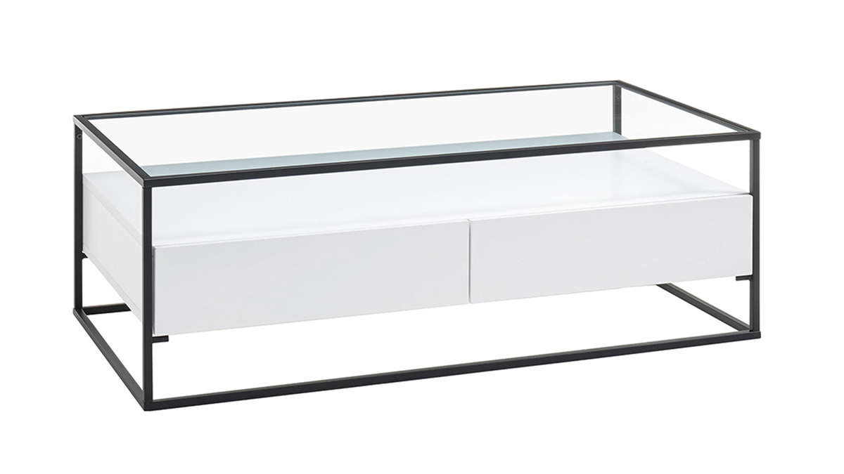 Tavolino di design con piano in vetro e cassetti bianchi - FINN