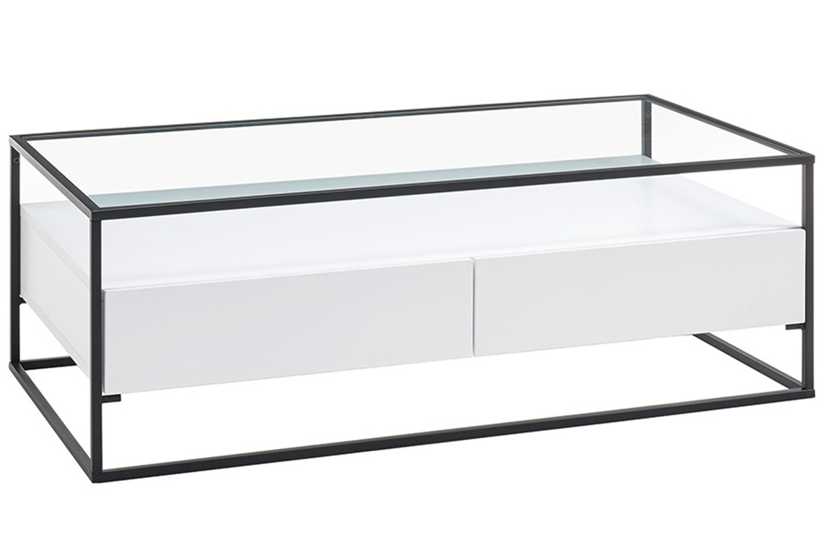 Tavolino di design con piano in vetro e cassetti bianchi - FINN