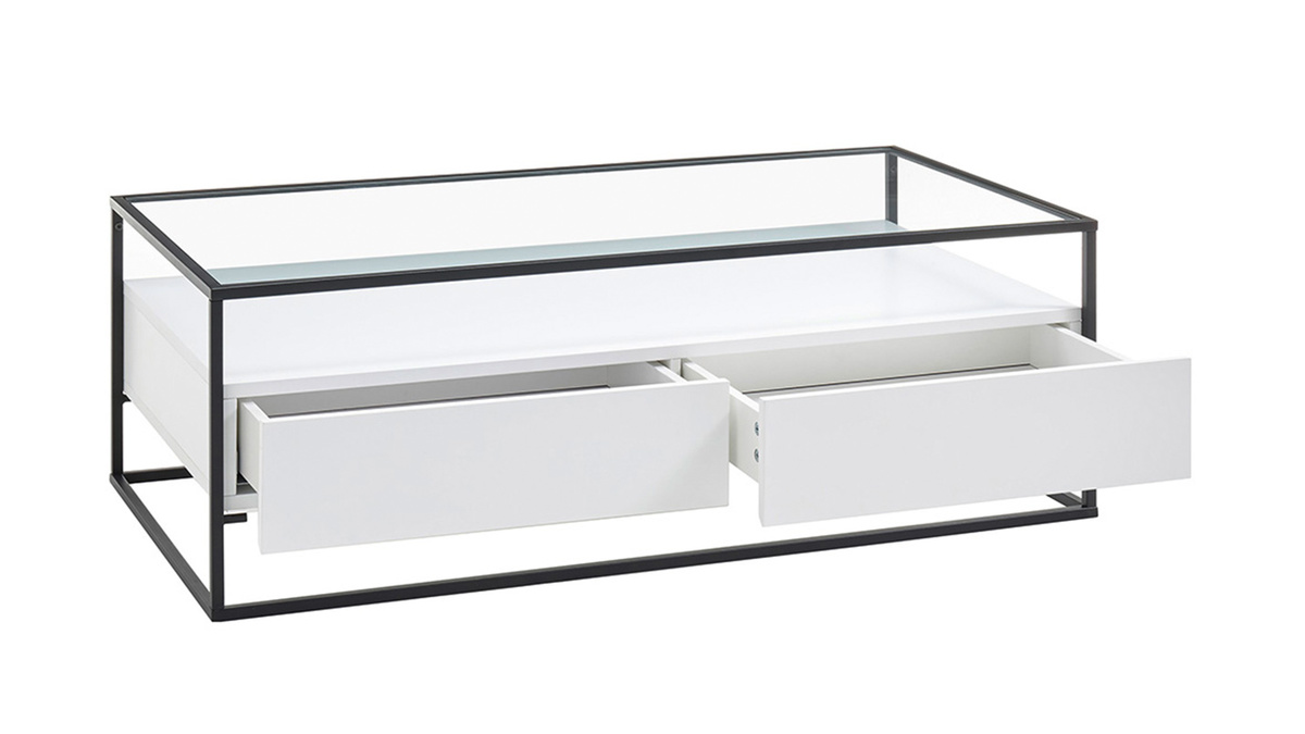 Tavolino di design con piano in vetro e cassetti bianchi - FINN