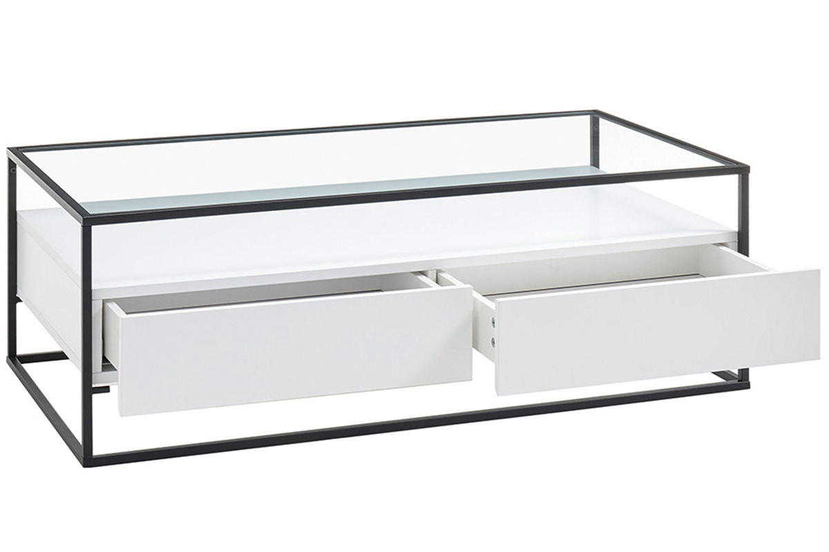 Tavolino di design con piano in vetro e cassetti bianchi - FINN
