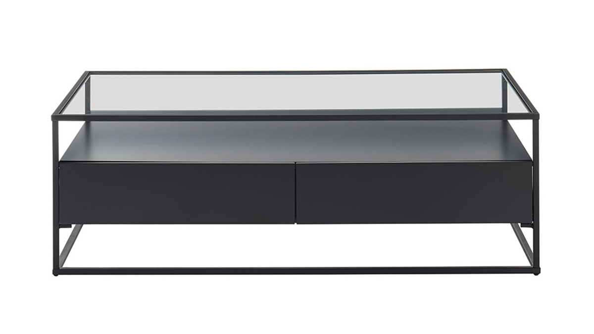 Tavolino di design con piano in vetro e cassetti neri - FINN 
