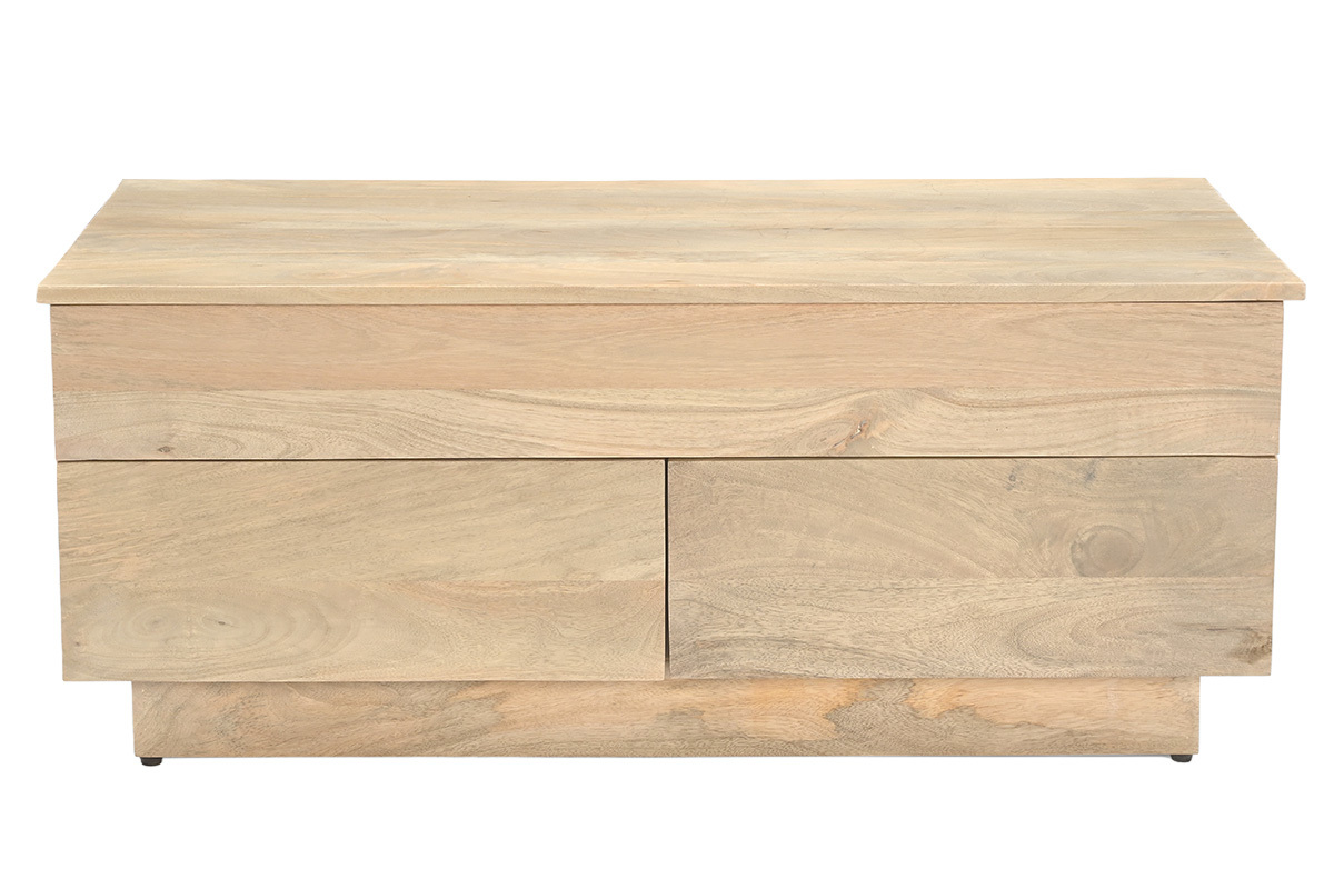 Tavolino basso rettangolare sollevabile in legno chiaro di mango con cassetti, vista frontale.