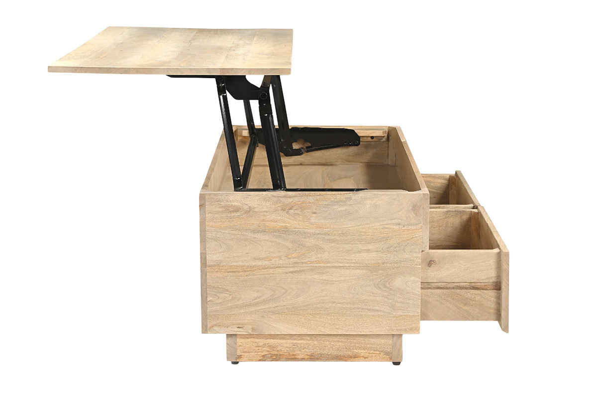 Tavolino basso rettangolare sollevabile in legno chiaro di mango, vista laterale con cassetti aperti
