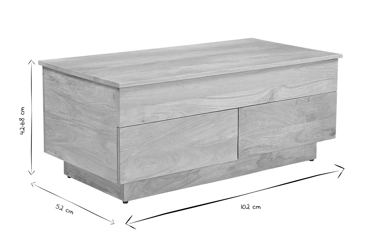 Dimensioni del tavolino rialzabile NEXO in bianco e nero che mostrano 42-68 cm, 52 cm e 102 cm.
